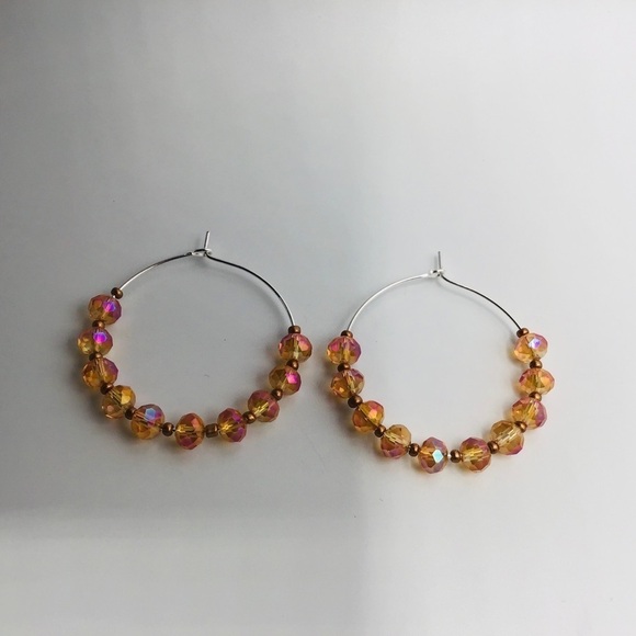 EARRINGS Hoop Boho Beads Rondelle Faceted Peach Copper Color Silver Tone Jewelry - Picture 6 of 8